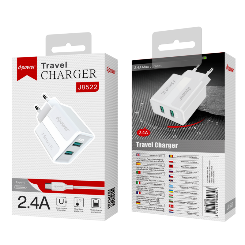 Kit Chargeur de Voyage 2USB / Type-C - D-power J8522 - Blanc — D-power · Smarty Paris 18e